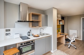 Studio bedroom kitchen and desk area in Zinc Quarter. Kitchen cabinets with hob, oven and extractor fan in the left of the photo. To the right of the photo is the desk area with shelving units above.